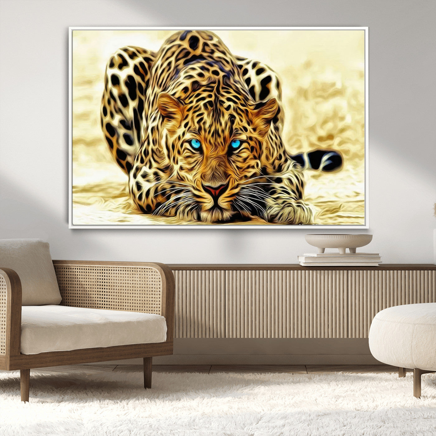 -Blue-Eyed Leopard Canvas Wall Art - Framed Animal Print Ready to Hang - Fierce and Bold Decor for