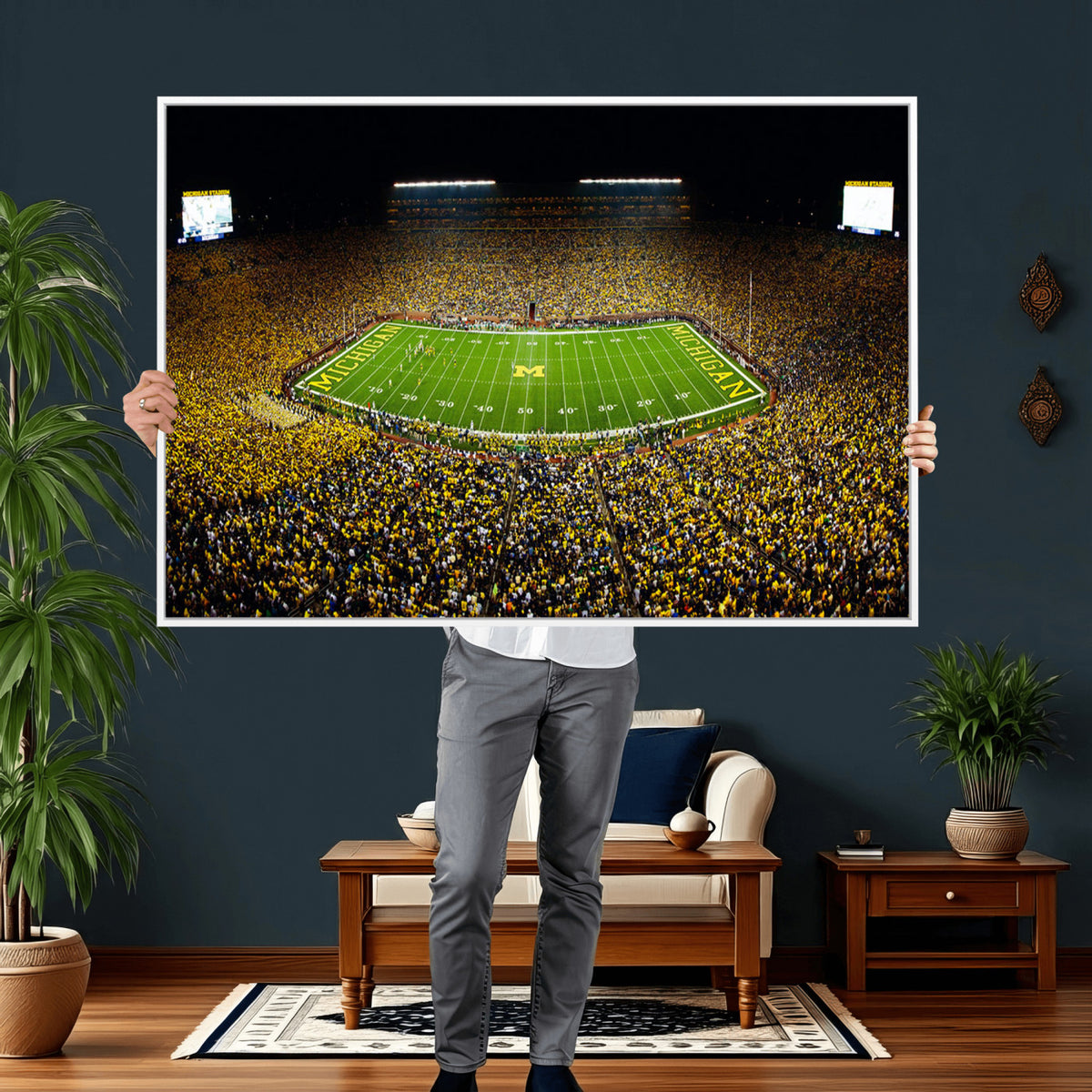 26166-MGV-CV-36X24 - Stadium in Michigan Wall Art Canvas Print, Framed American Football Stadium Art