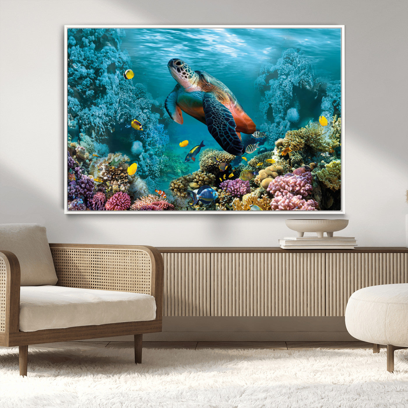 MGV-FC-36X24 - Sea Turtle and Coral Reef Triptych Wall Art – Vibrant Underwater Scene Canvas Set for Ocean Lovers and Coastal Decor – Ready to Hang 3-Panel Artwork
