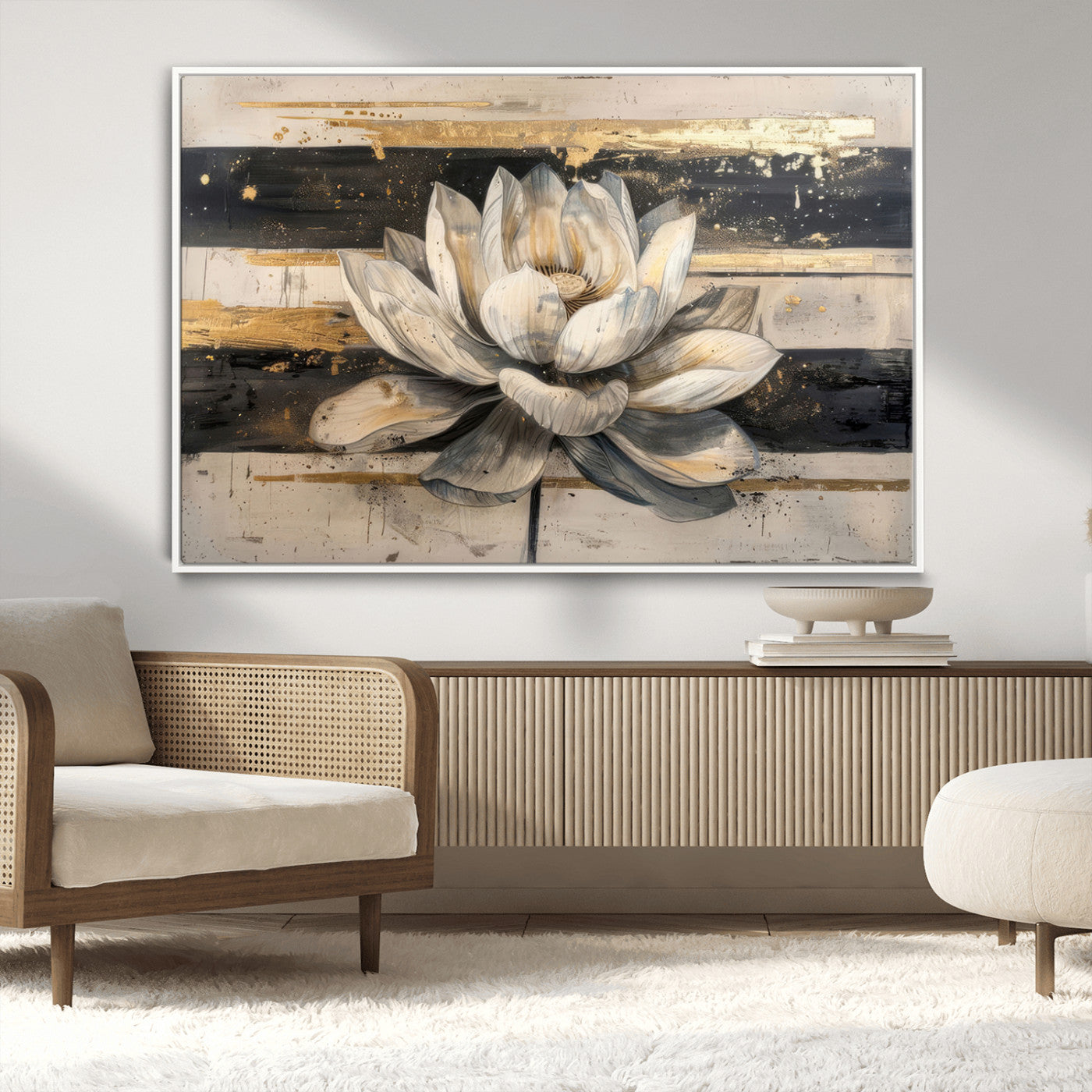 MGV-FC-36X24 - Lotus Flower Wall Art Canvas Print, Framed Abstract Lotus Art Picture Print, White Lotus Flower Perfect Abstract Floral Decor Artwork