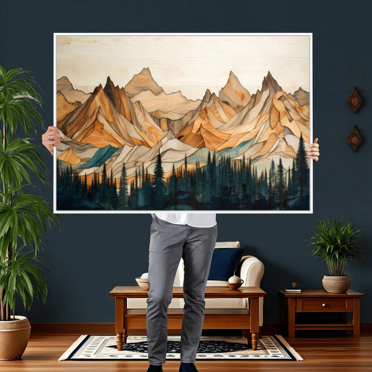 31576-MGV-CV-36X24 - Geometric Wood Mountain Landscape Wall Art Canvas Print, Rustic Forest Painting Print