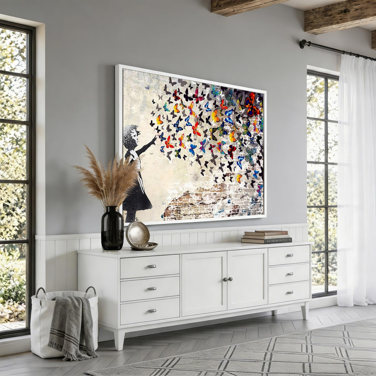 97895-MGV-CV-24X16 - Banksy Graffiti Wall Art Canvas Print, Girl Releasing Vibrant Butterflies
