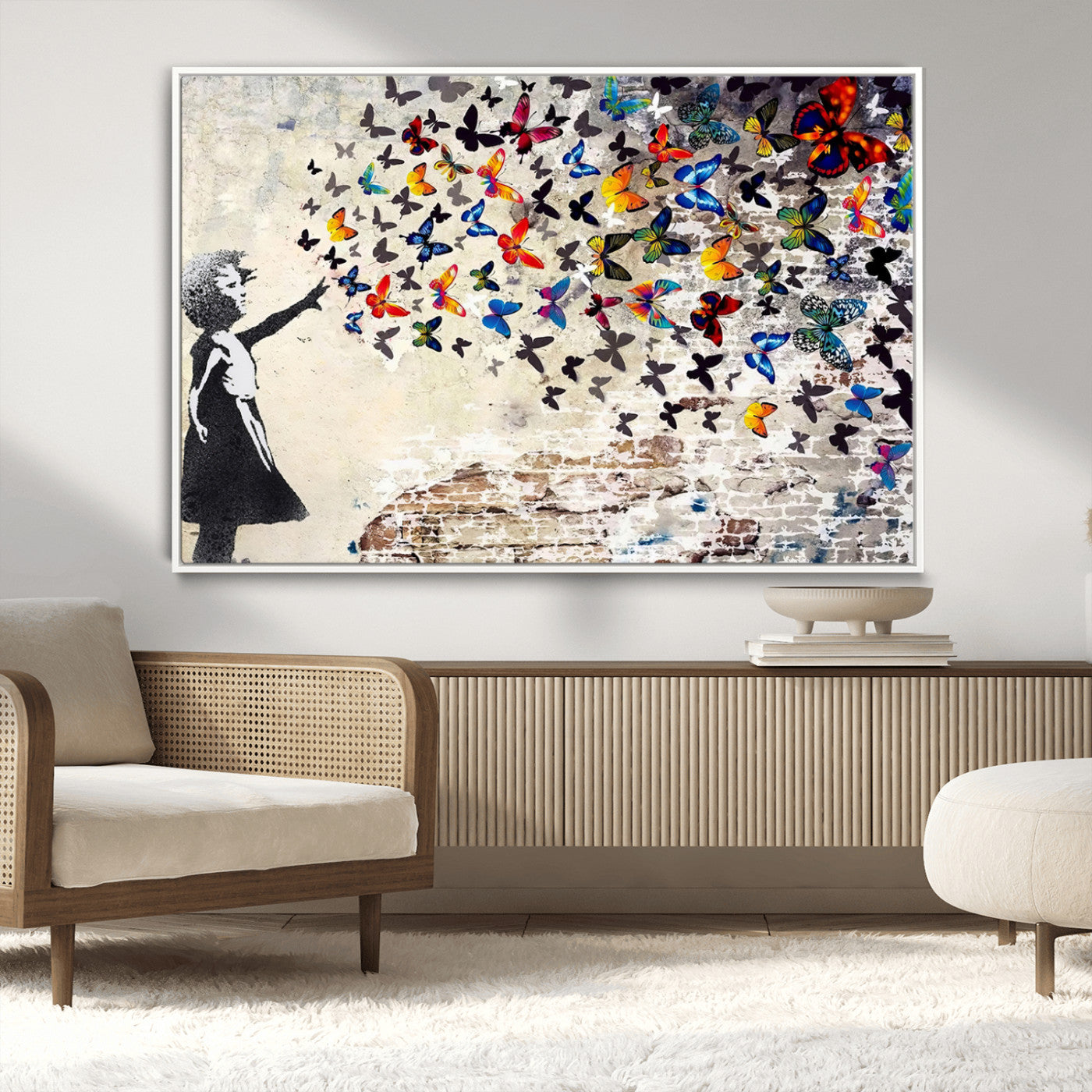 MGV-FC-36X24 - Banksy Graffiti Wall Art Canvas Print: Girl Releasing Vibrant Butterflies – Ready to Hang