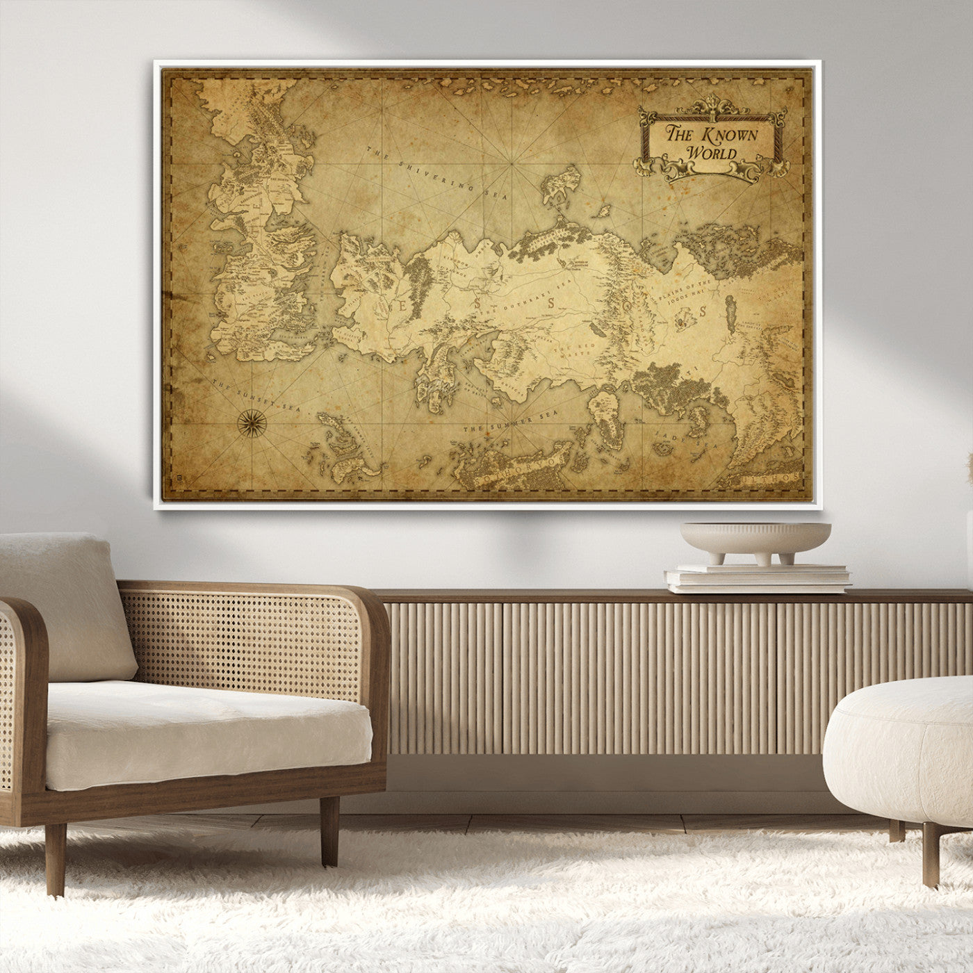 MGV-FC-36X24 - Vintage Game of Thrones Map Wall Art | Westeros and Essos Antique Style Print | The Known World in Triptych Canvas | Giclee Canvas for Fantasy Lovers