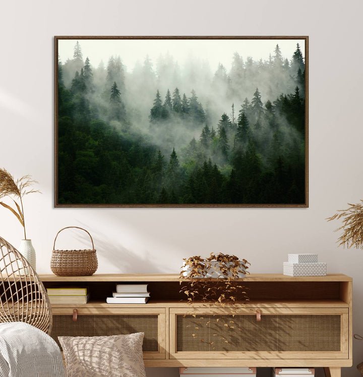 Misty Forest Mountain Wall Art: A 3-panel foggy landscape canvas print, ideal for enhancing home decor with natures beauty.