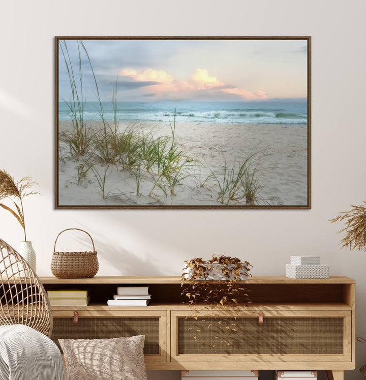 Flight Over Coastal Beach print on UV canvas displayed against white walls.