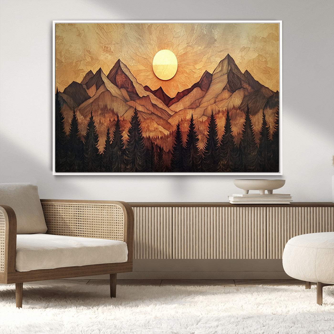MGV-FC-36X24 - Wood Style Abstract Mountain Sunset Canvas Wall Art Print - Warm Earth Nature-Inspired Decor for