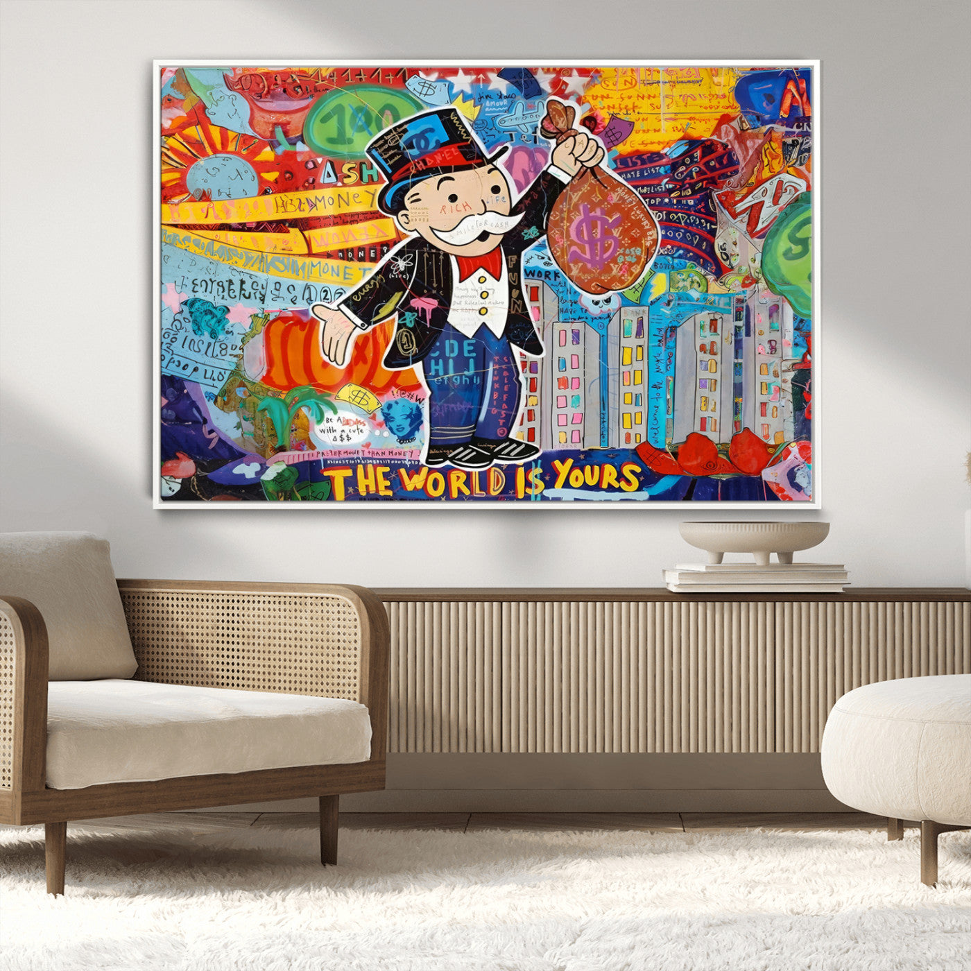MGV-FC-36X24 - Pop Art Monopoly Man Canvas Wall Art Print - Bold and Colorful Street Art-Inspired Decor for Living