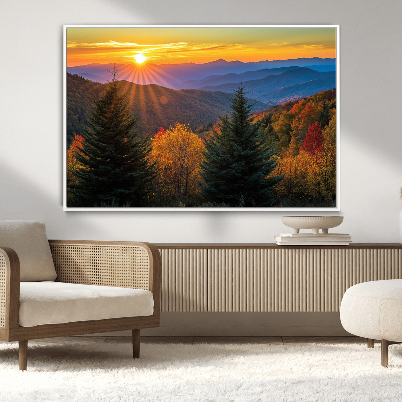 MGV-FC-36X24 - Golden Sunset Over Mountain Forest Canvas Wall Art Print - Warm Nature-Inspired Landscape for Living