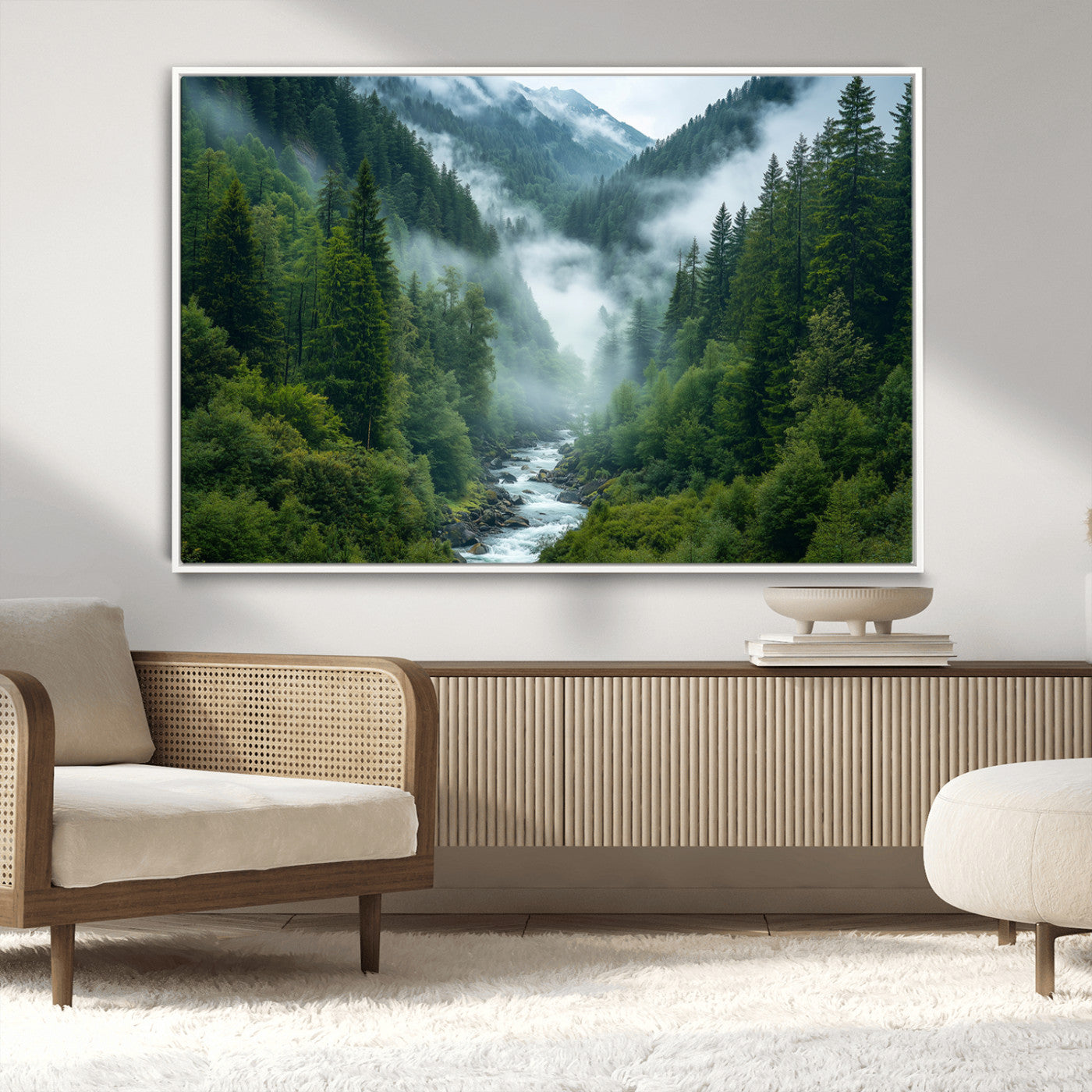 MGV-FC-36X24 - Mountain Forest River Canvas Wall Art Print - Serene Nature Landscape for Living Room, Office, or