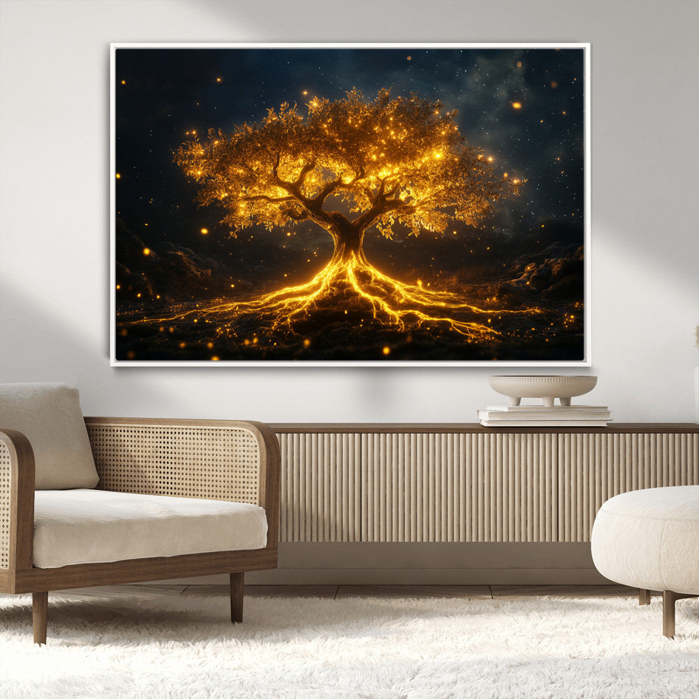 MGV-FC-36X24 - Golden Tree of Life Canvas Wall Art Print - Majestic Glowing Tree Design for Living Room, Office, or