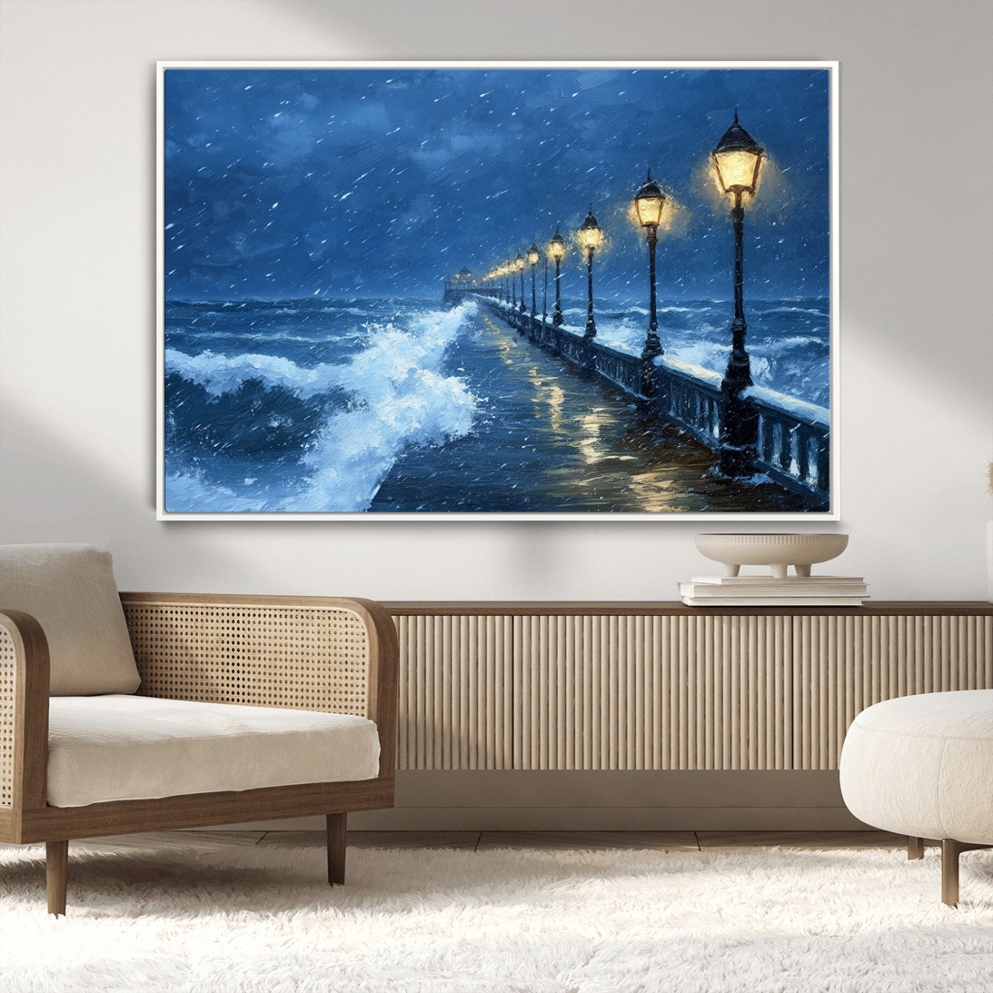 MGV-FC-36X24 - Stormy Ocean Pier Lights Canvas Wall Art Print - Large Moody Night Scene for Living Room, or Office,