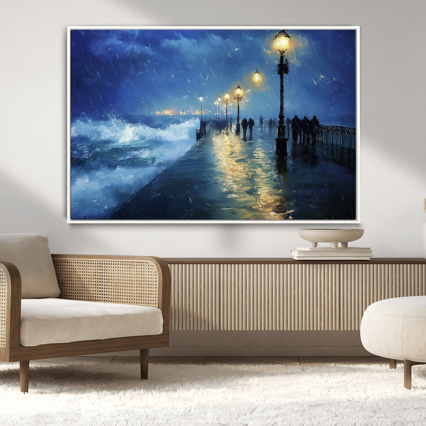 MGV-FC-36X24 - Abstract Stormy Ocean Pier Canvas Wall Art Print | Stormy Ocean Art | Large Moody Night Scene Print,