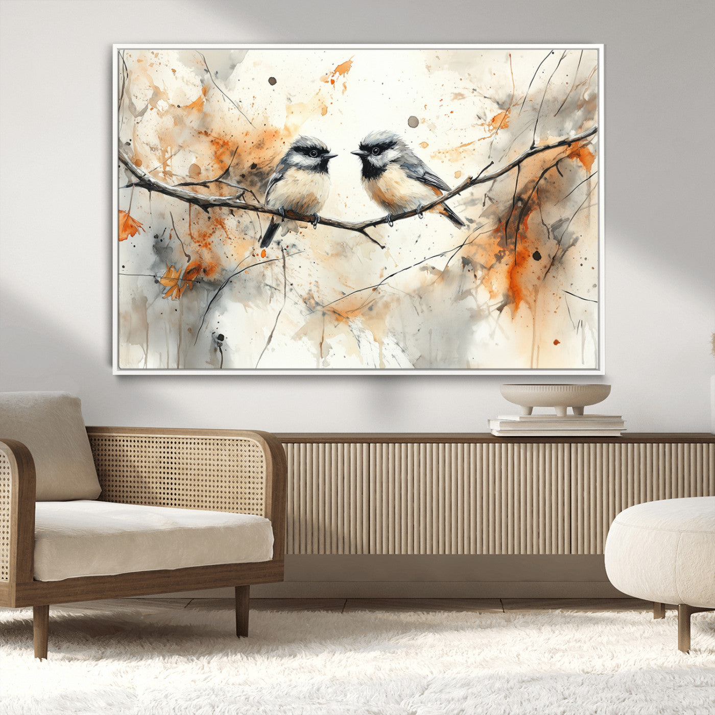 MGV-FC-36X24 - Abstract Watercolor Chickadee Bird Canvas Wall Art Print - Large Bird and Branch Wall Art, Modern