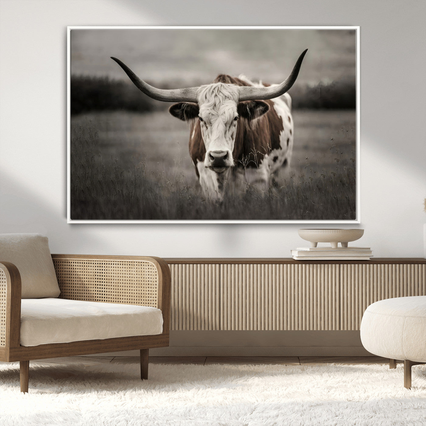 MGV-FC-36X24 - Texas Longhorn Cow Canvas Wall Art Print - Large Rustic Longhorn Art for Living Room, Western Wall