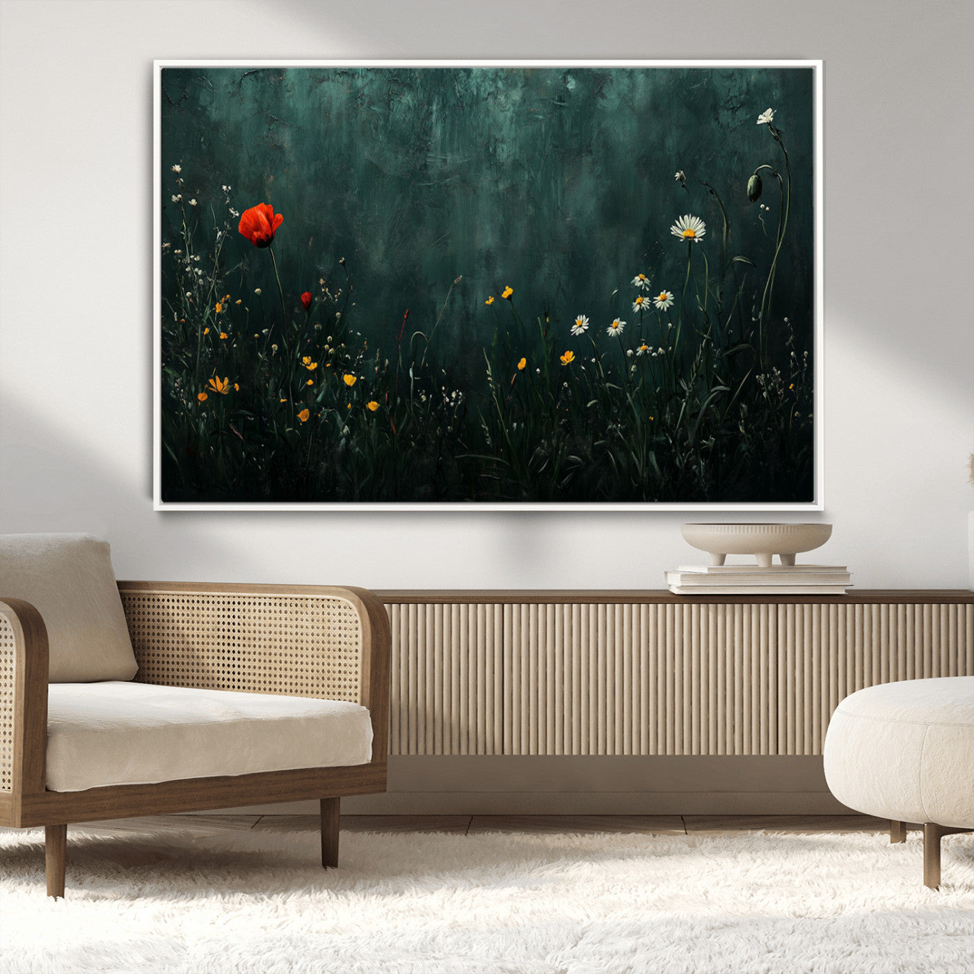 MGV-FC-36X24 - Wildflower Field Framed Wall Art, Vintage Botanical Landscape Sign, Botanical Wall Art, Modern