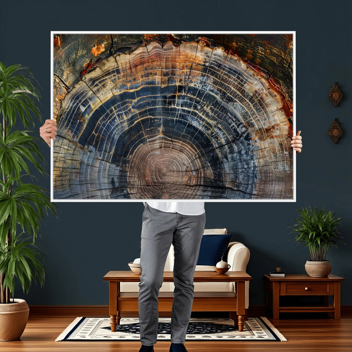 16193-MGV-CV-36X24 - Framed Wood Tree Ring Wall Art - Abstract Colorful Wood Ring Wall Decor for Minimalist Home Decor