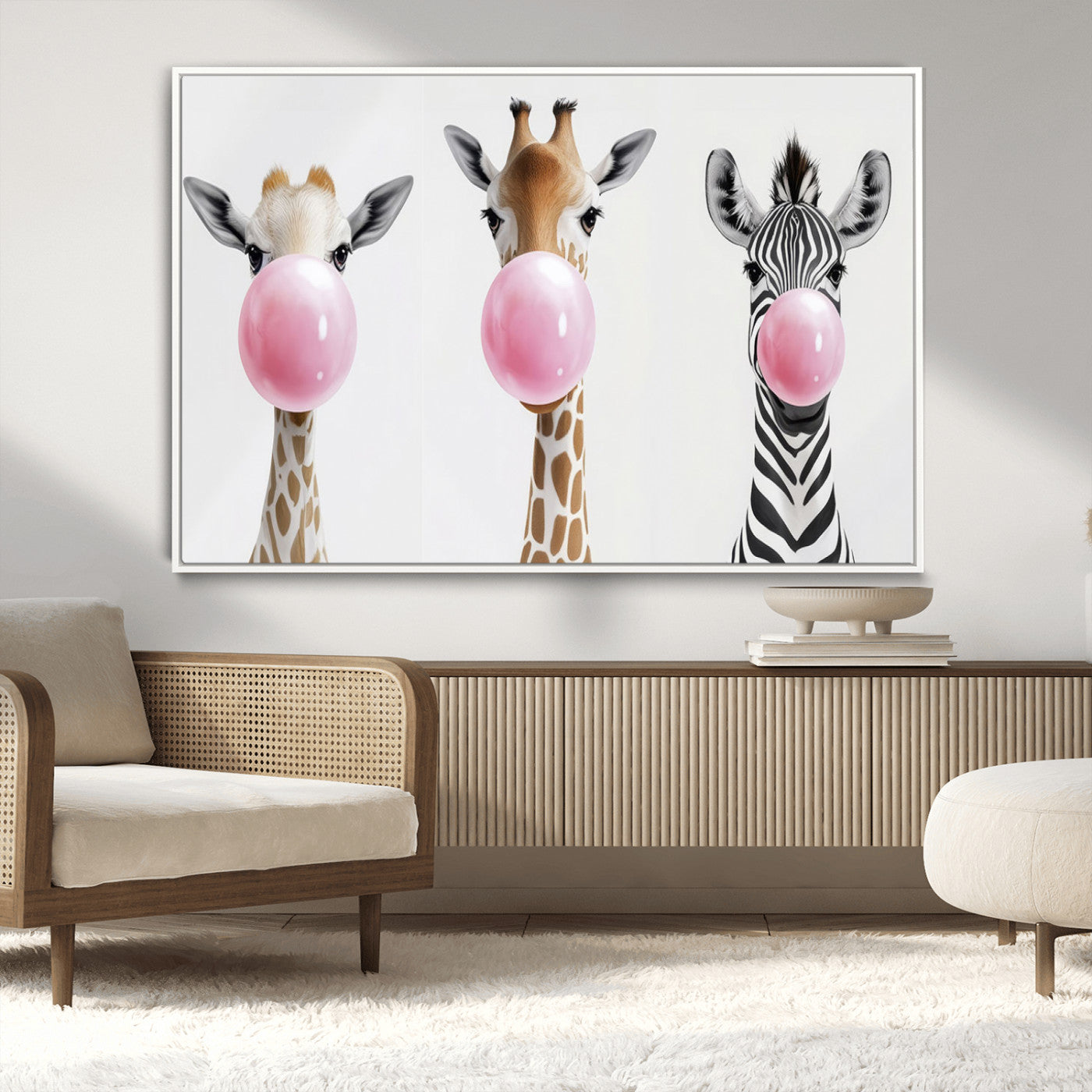 MGV-FC-36X24 - Bubblegum Animals Canvas Wall Art - Playful Giraffe and Zebra Trio, Fun Nursery Decor for Kids'