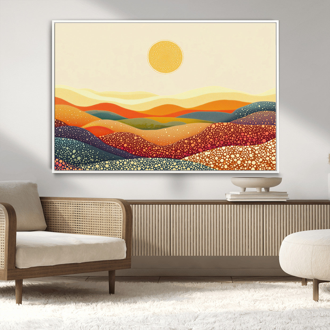 MGV-FC-36X24 - YAYOI KUSAMA Colorful Dot Art Landscape Canvas - Framed Abstract Pointillism Inspired by Nature with