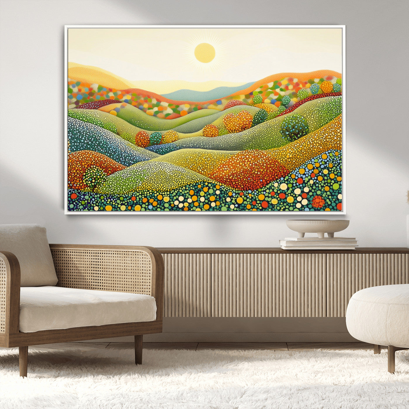 MGV-FC-36X24 - YAYOI KUSAMA Wall Art - Colorful Dot Art Landscape Canvas, Framed Japanese Dot Art
