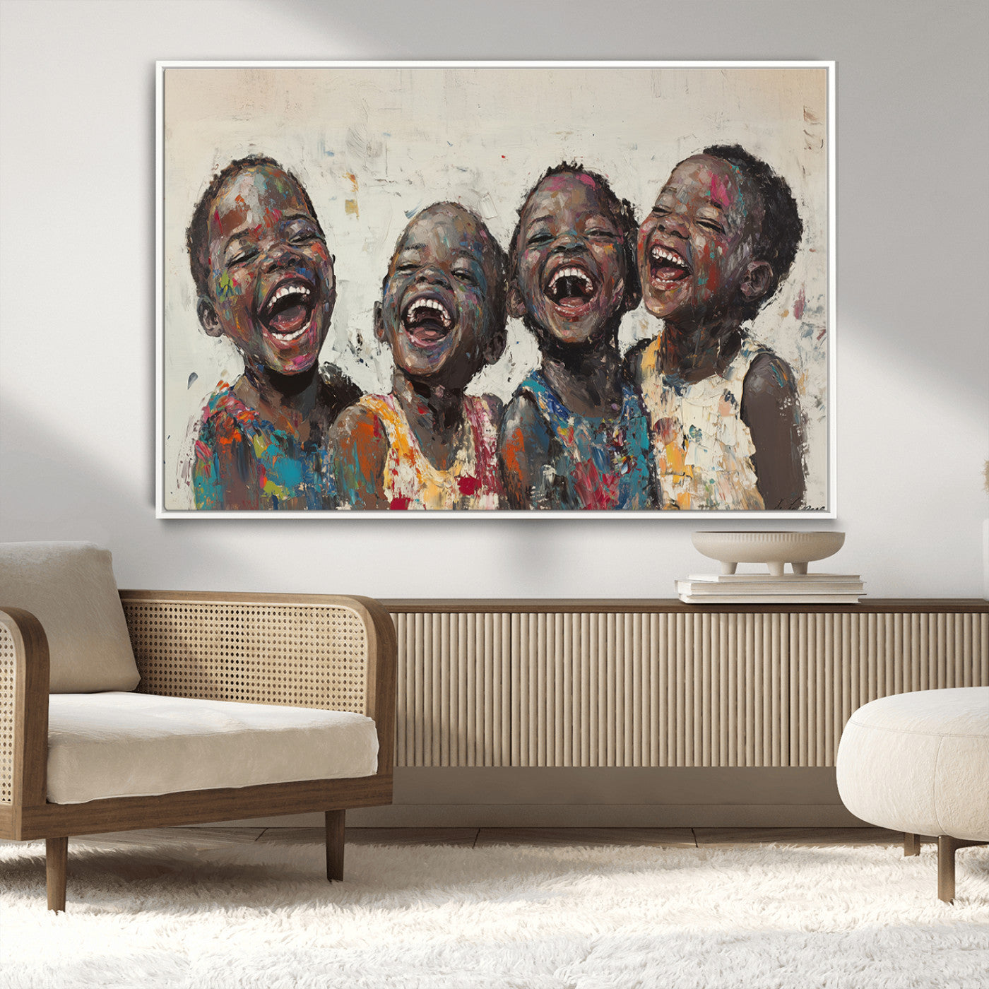 85256-MGV-CV-36X24-Shai Yossef Print - Joyful Childhood Canvas Wall Art - Expressive Impasto Painting of Laughing