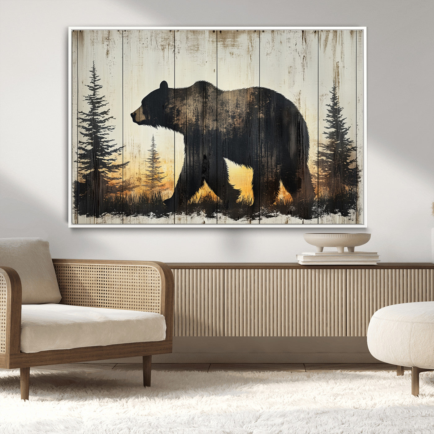 83875-MGV-CV-36X24-Vintage Bear Wall Art Canvas Print for Farmhouse - Mountain Wood Canvas Wall Art - Forest Silhouette