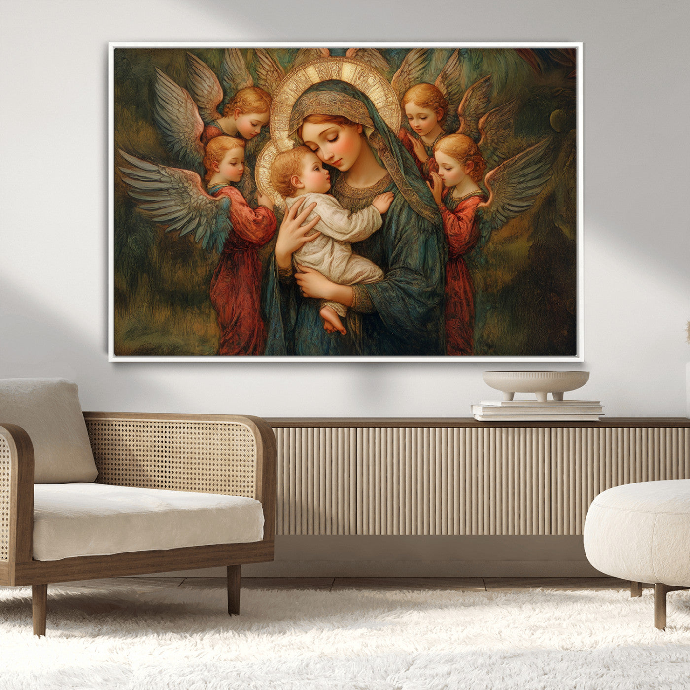 MGV-FC-36X24 - Mary Jesus Canvas Wall Art Print - Madonna and Child with Angels Art Print - Classic Christian