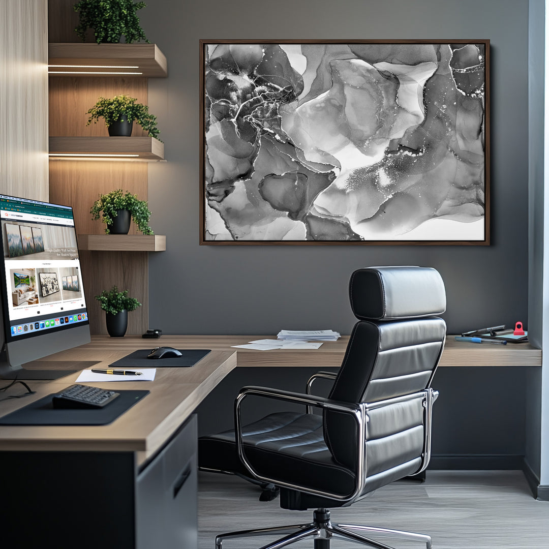 Black White Abstract Canvas Wall Art - Fluid Ink Artwork - Modern Luxury Wall Decor for Contemporary Interiors