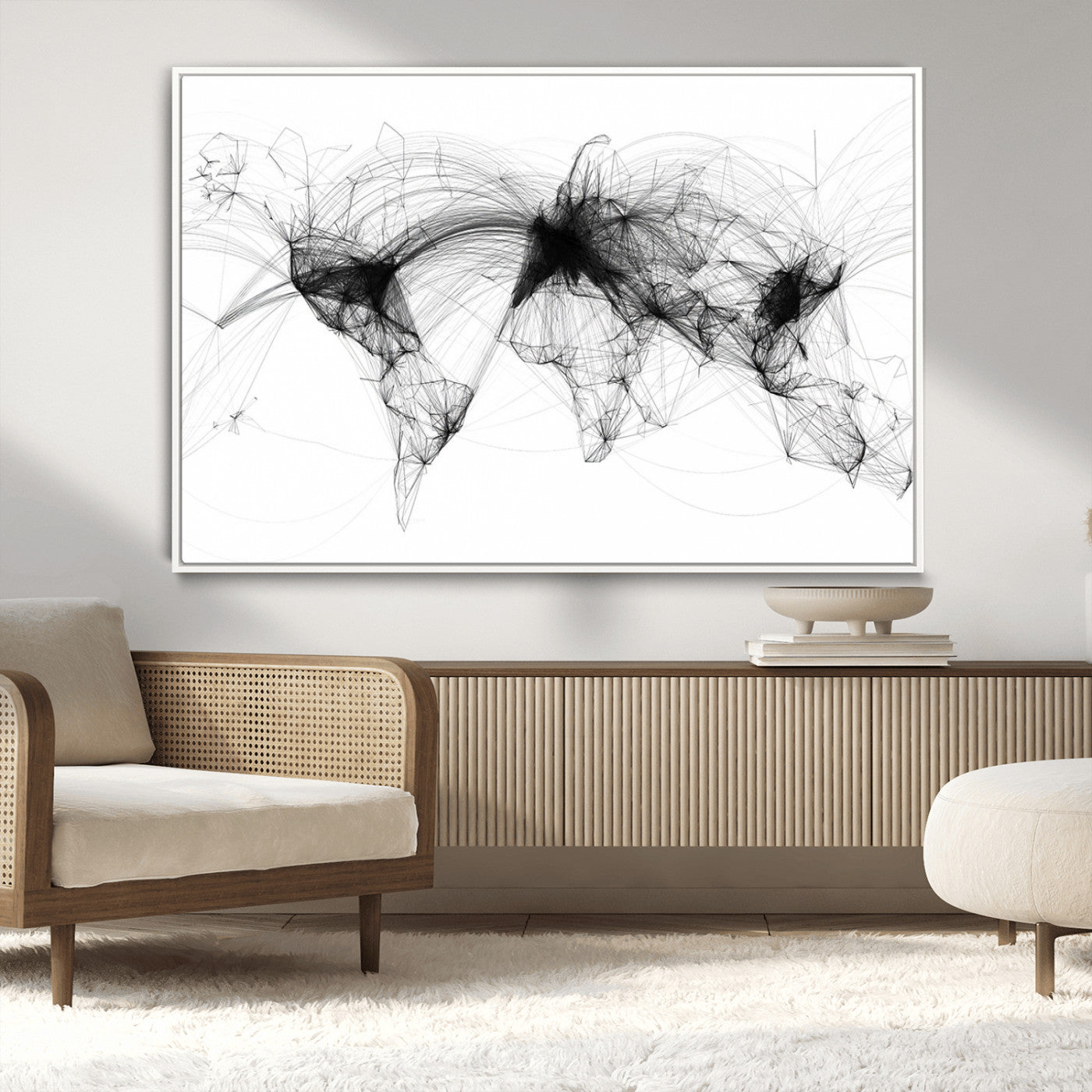 50136-MGV-CV-36X24-Abstract World Map Wall Art – Framed Geometric Line Canvas Artwork, Modern Global Design, Contemporary Decor for Home, Office