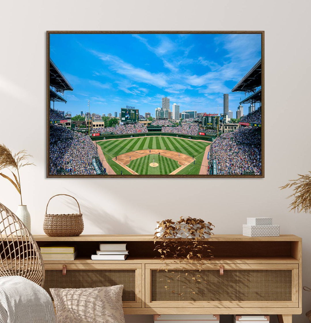 Panoramic view of Wrigley Field, ideal for the Wrigley Field Chicago Cubs Panoramic Canvas Wall Art - Ready to Hang.