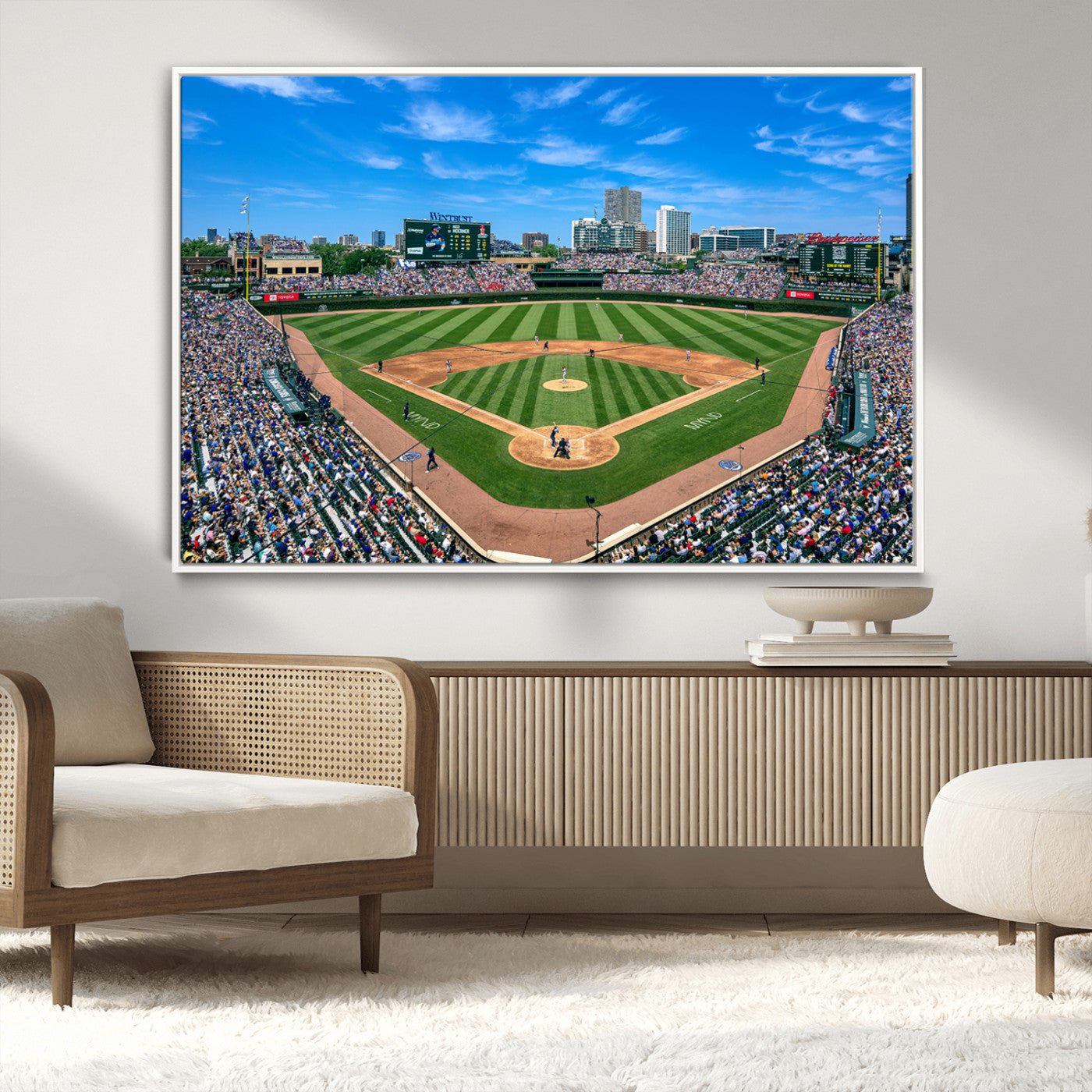 MGV-FC-36X24 - Framed Wrigley Field Chicago Cubs Print, Panoramic Multi Piece Canvas Wall Art - Iconic Baseball