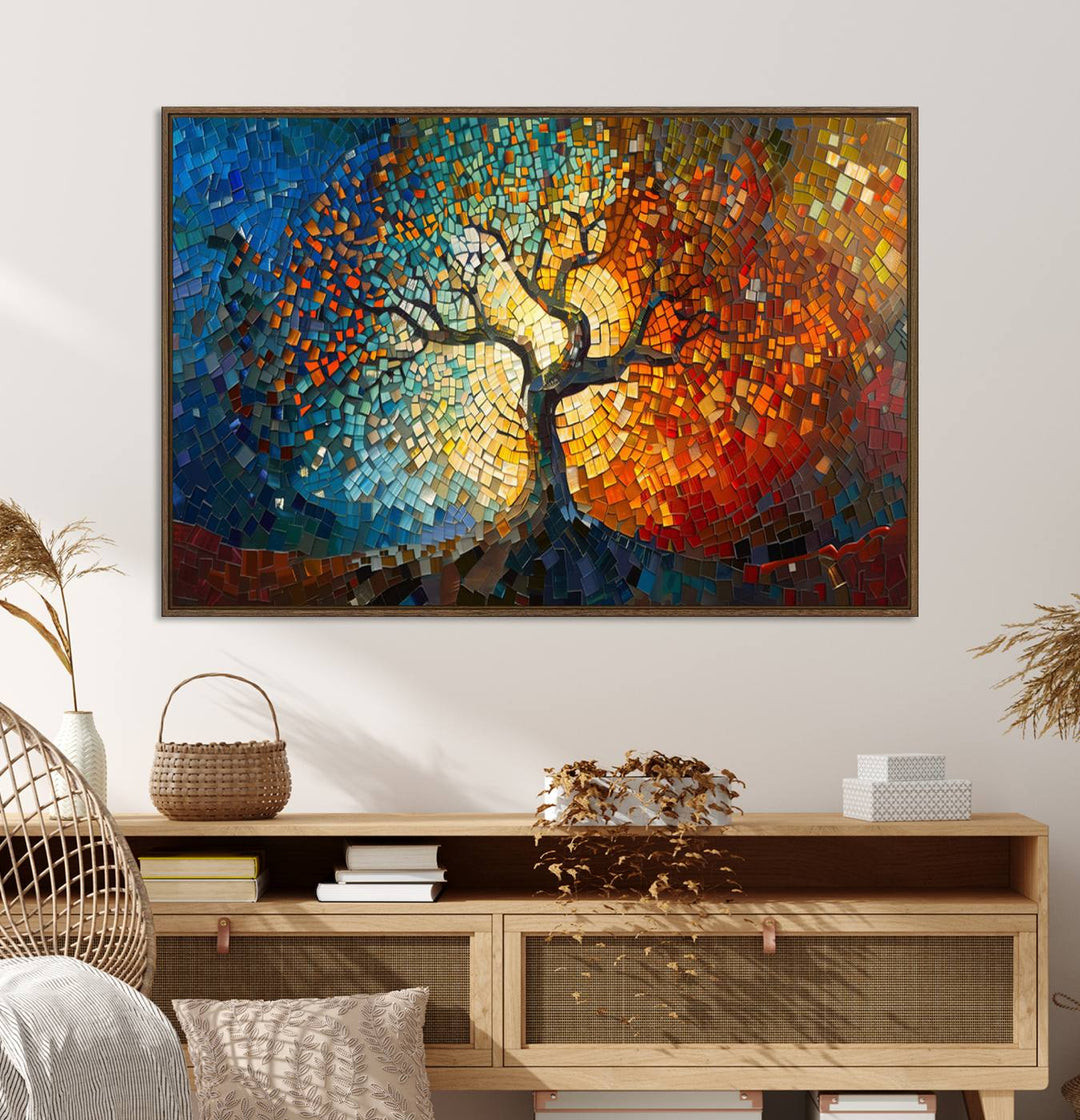 Mosaic Tree Canvas Wall Art: A stunning stained glass-inspired Tree of Life featuring blue and orange swirling patterns reminiscent of a sunburst.