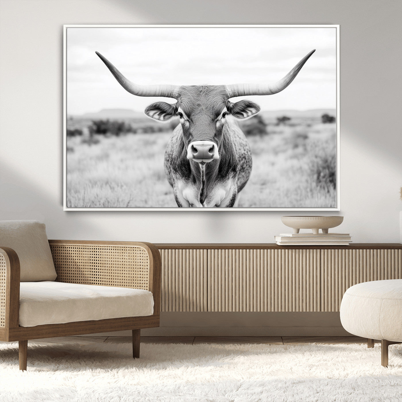 MGV-FC-36X24 - Highland Cow Wall Art Print - Black and White Texas Western Longhorn Canvas - Farmhouse Decor Print