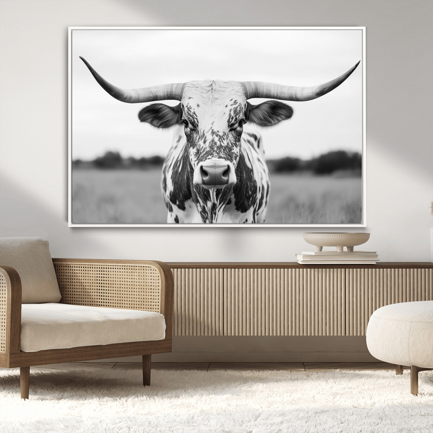 MGV-FC-36X24 - Highland Cow Wall Art - Black and White Western Longhorn Canvas Print - Farmhouse Living Room Decor