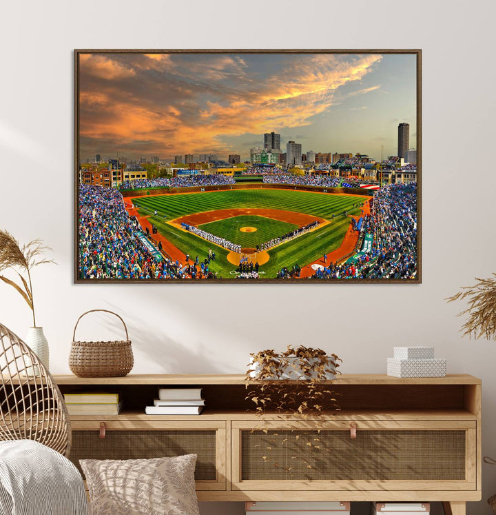 Aerial view of Wrigley Field at sunset against a vibrant sky, creating the perfect Chicago Wrigley Field Canvas Wall Art.