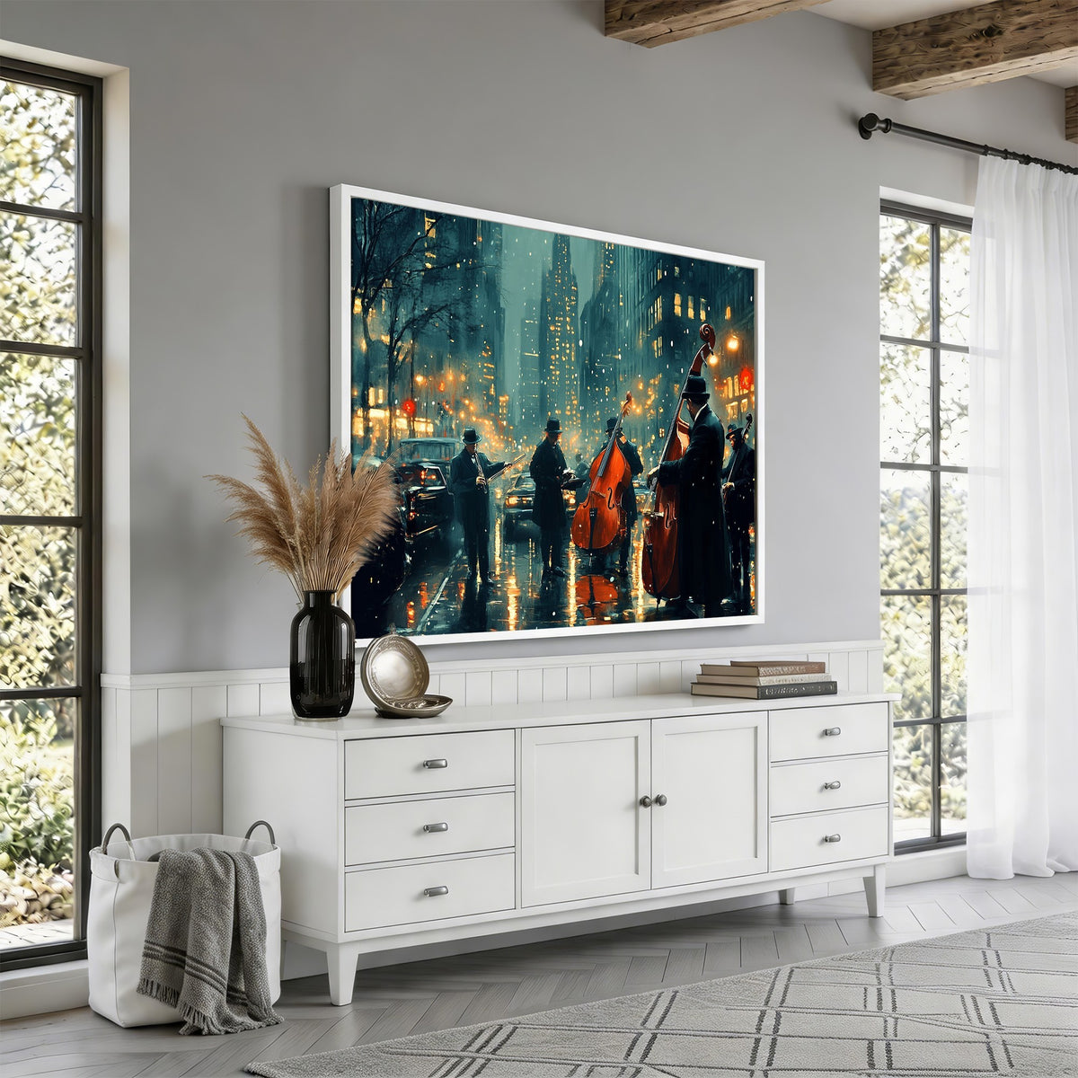 53391-MGV-CV-24X16 - Urban Night Jazz Wall Art Canvas Print | Moody Rain Soaked City Street Band Scene