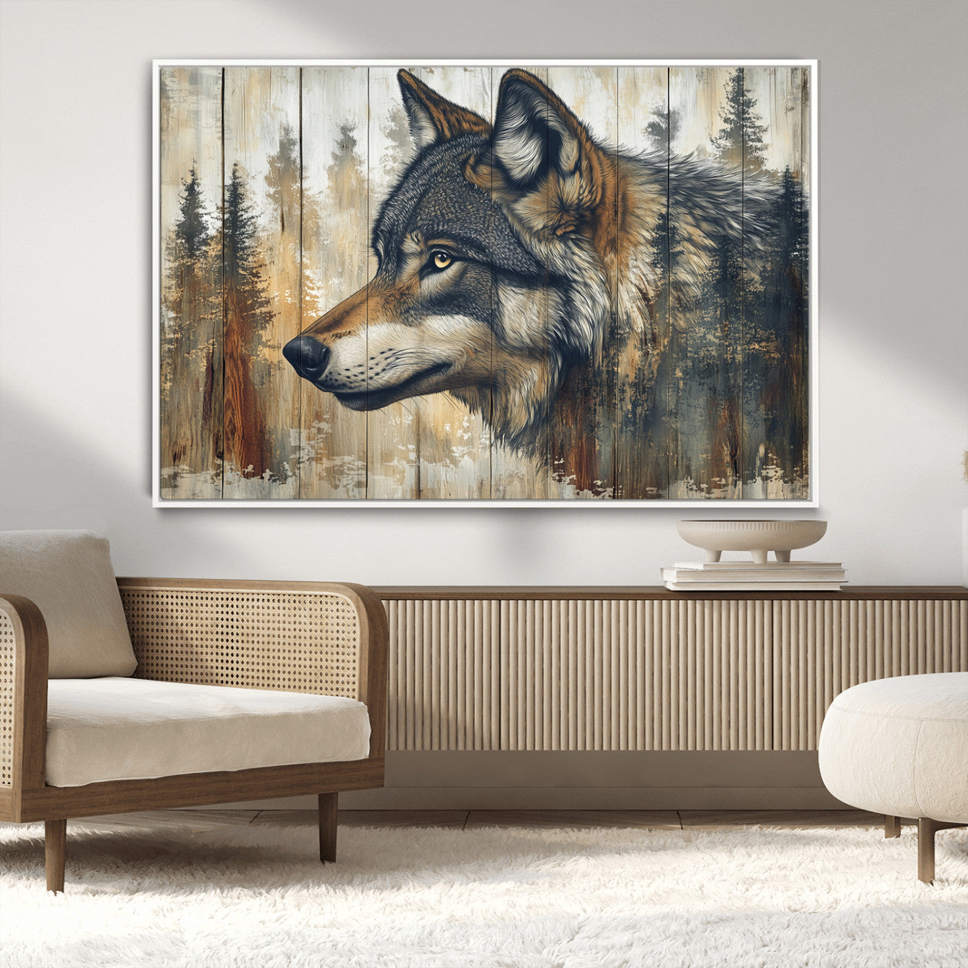 MGV-FC-36X24 - Rustic Wolf Wall Art Canvas Print, Vintage Woodland Wolf Wall Art