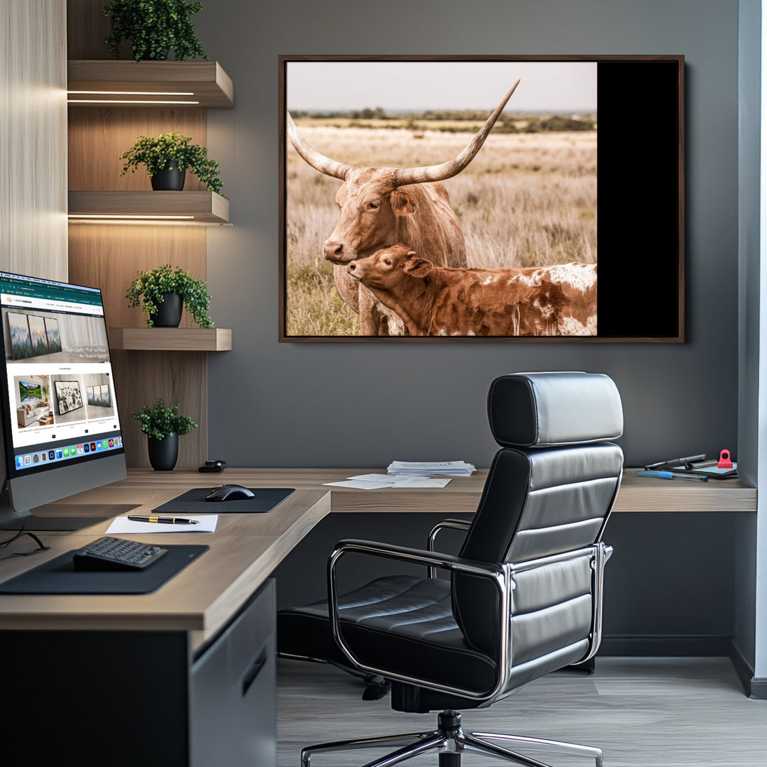 60320-MGV-CV-36X24-Texas Longhorn Cow Wall Art Canvas Print for Farmhouse Wall Art, Texas Decor, Western Wall Art Print