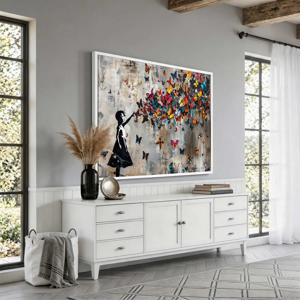 51446D-MGV-CV-24X16 - Banksy Butterfly Girl Wall Art | Modern Graffiti Canvas Print, Street Art Decor