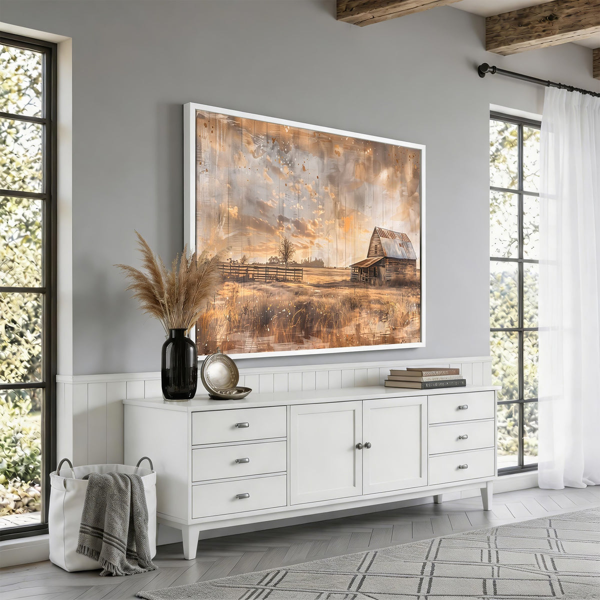 FARM2-MGV-CV-24X16 - Rustic Farmhouse Wall Art Canvas Print | Barn and Field Vintage Country Landscape