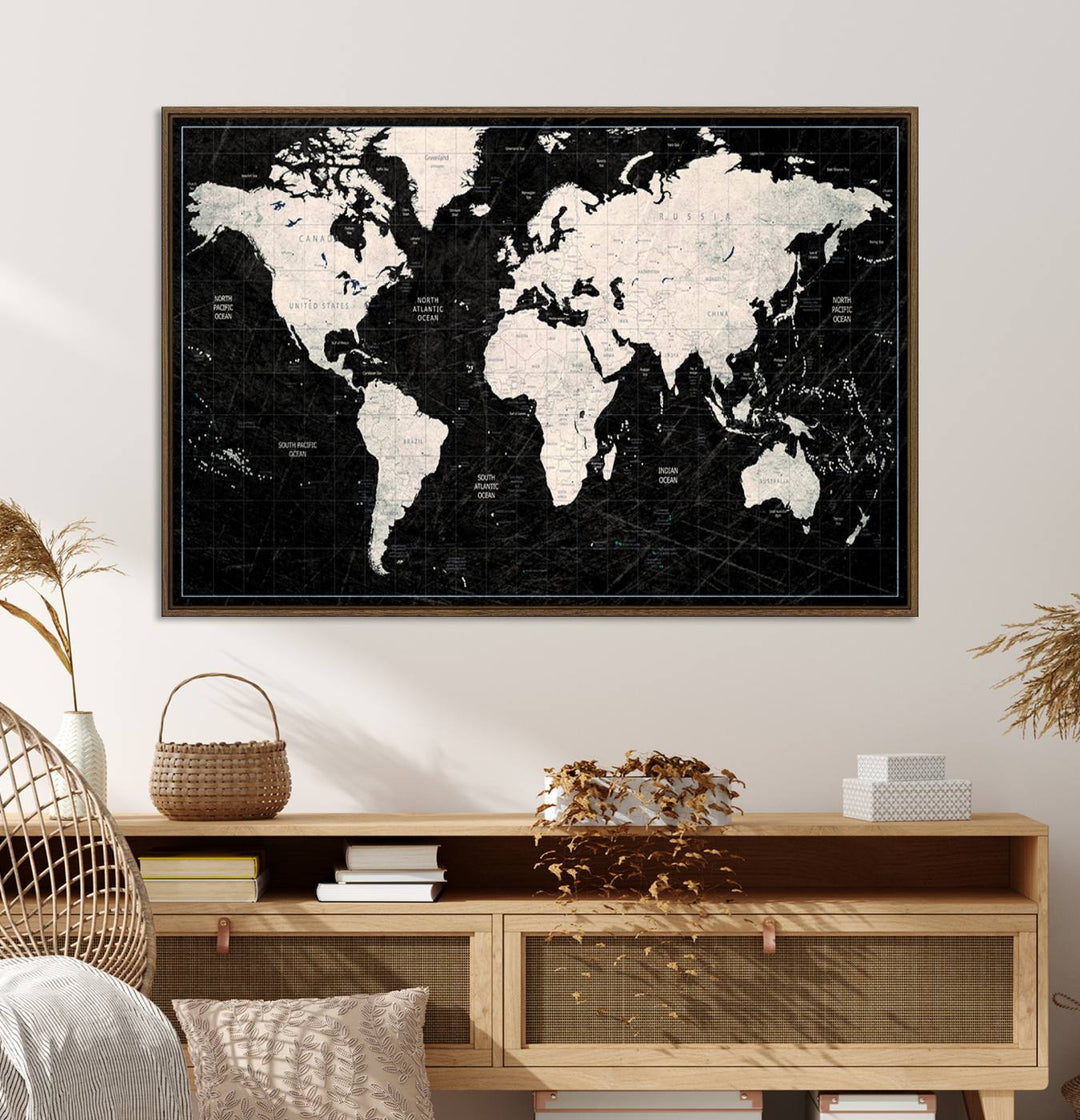 Framed Black and White World Map Canvas Print | 3-Panel Ready to Hang Wall Art for Modern Home Decor | Bold Global Style for Office Decor