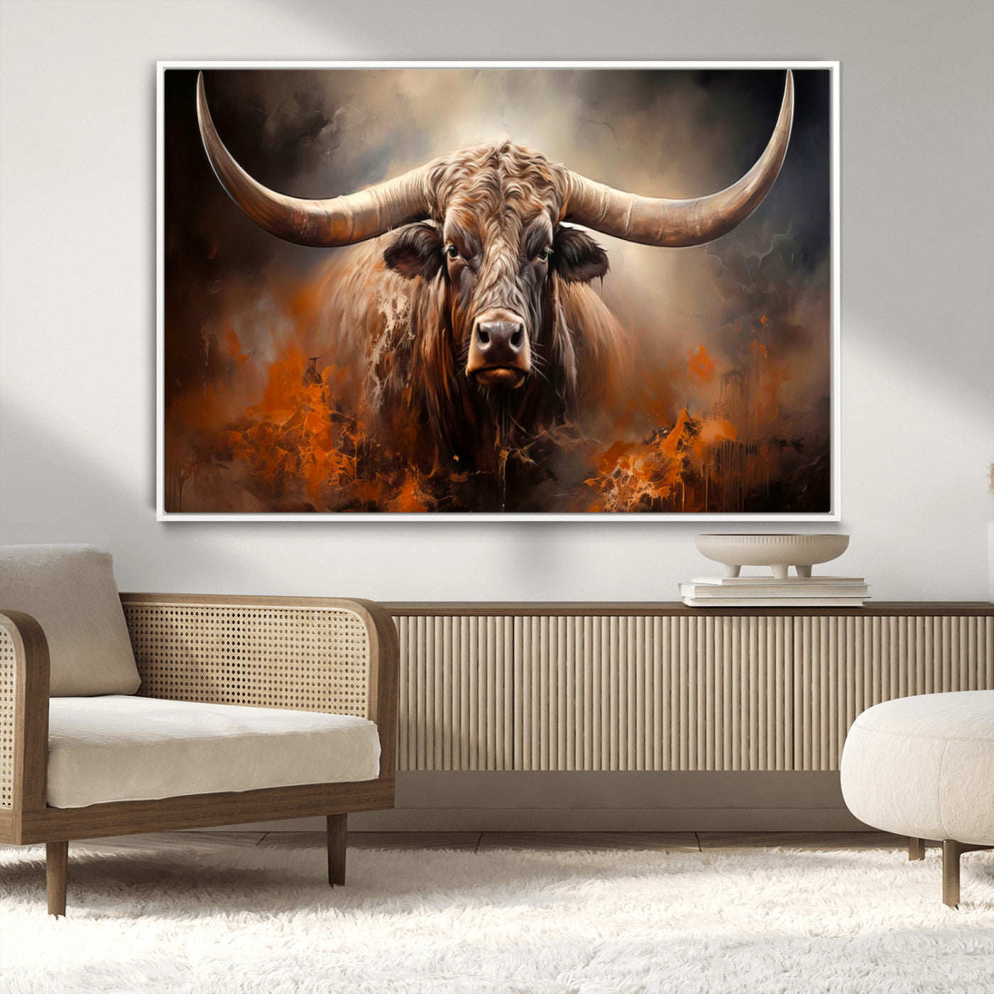 MGV-FC-36X24 - Highland Bull Canvas Abstract Canvas Wall Art Print – Powerful Highland Bull with Striking Horns in