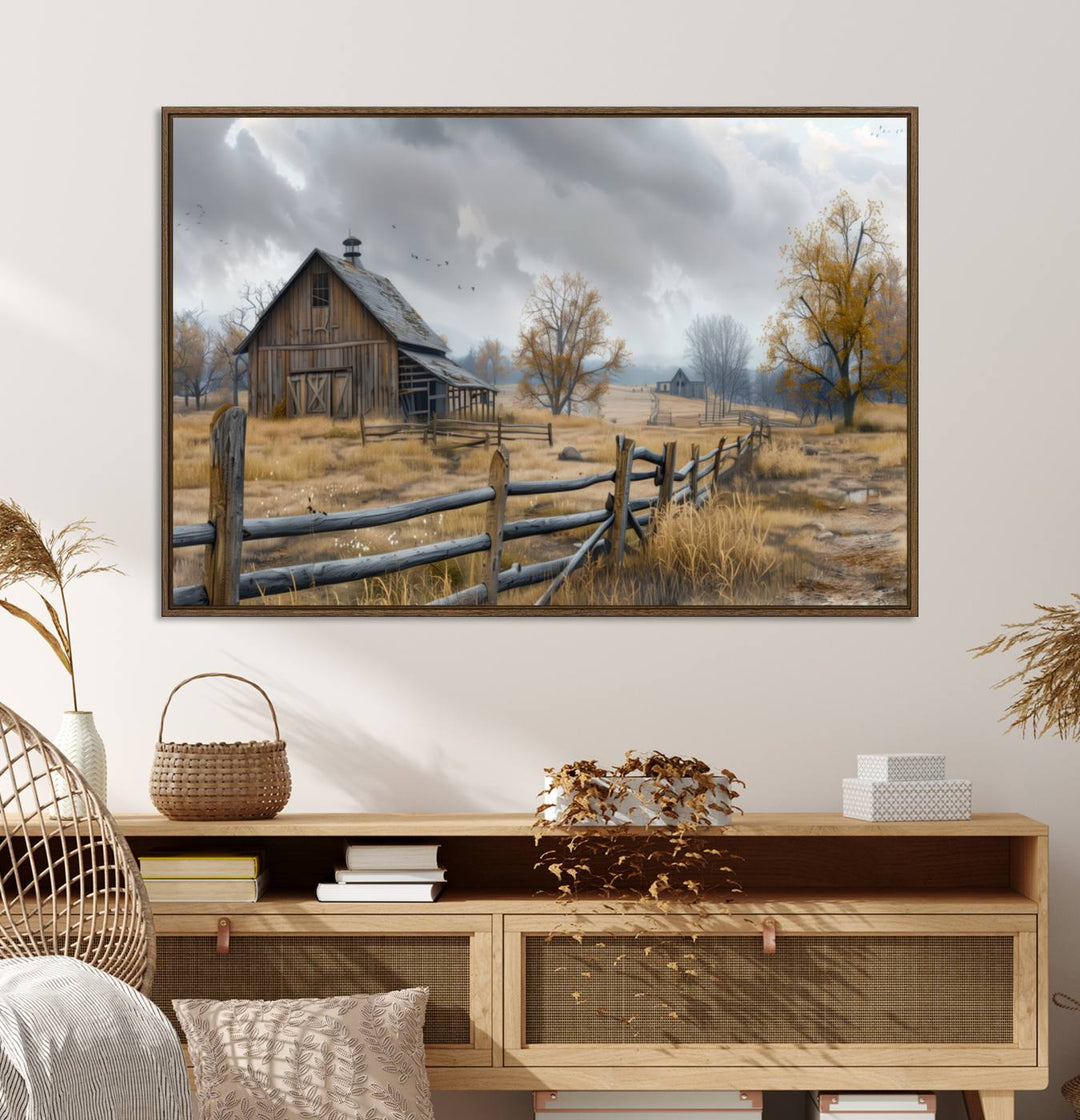 Rustic Autumn Farmhouse Wall Art – Weathered Barn & Trees Canvas Print, featuring a serene scene with birds in the sky. This piece is ready to hang.