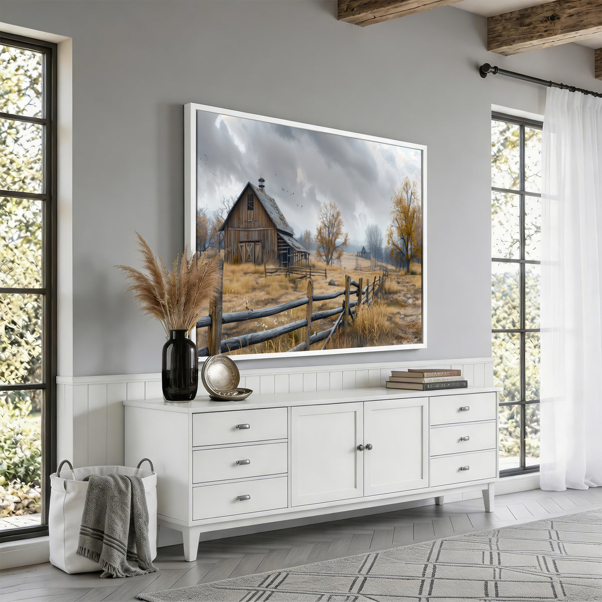 Farm1-MGV-CV-36X24 - Rustic Autumn Farmhouse Wall Art Canvas Print | Serene Countryside with Weathered Barn