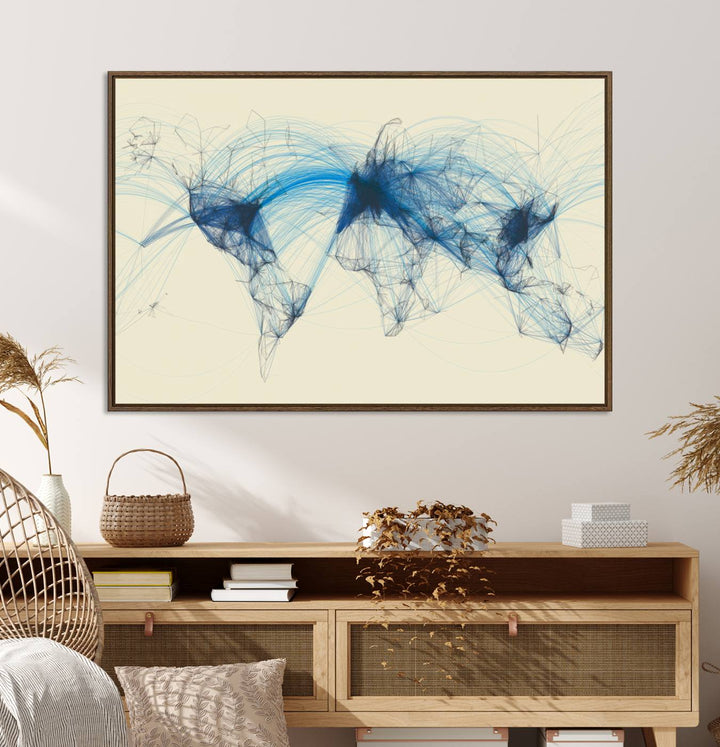 Flight Routes Map: Air Traffic Avi World Map featuring blue lines symbolizing global data. Ideal for home decor and ready to hang.