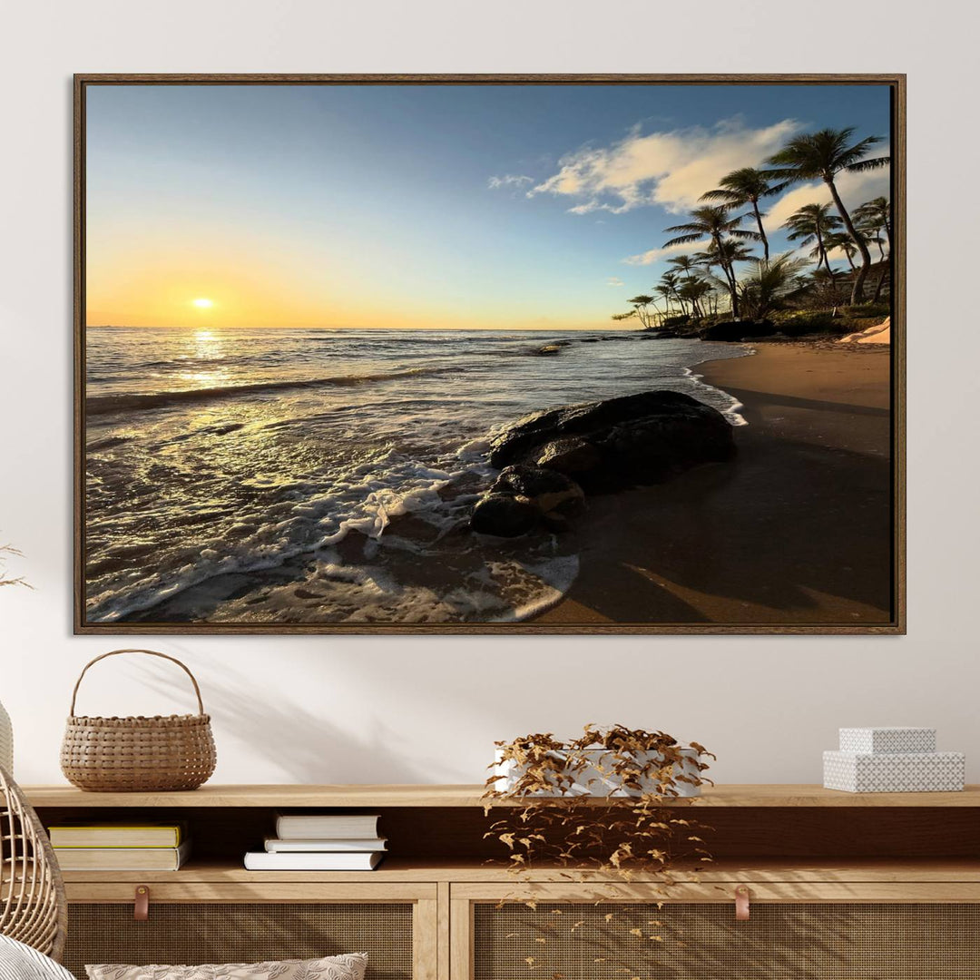 A serene tropical sunset on canvas, featuring palms and waves, serves as perfect Tropical Beach Wall Art for home or office decor.