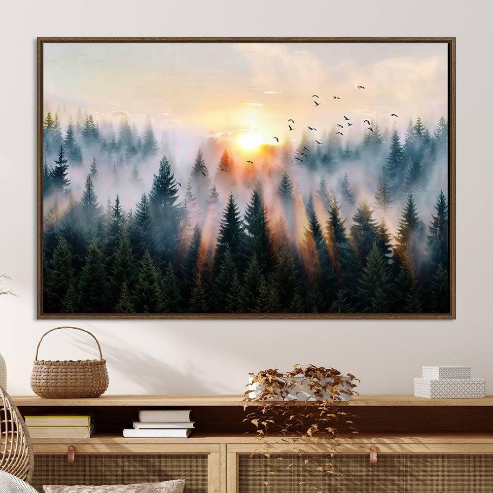 Sunrise over a misty forest with rays filtering through trees in the Abstract Forest Wall Art featuring soaring birds.