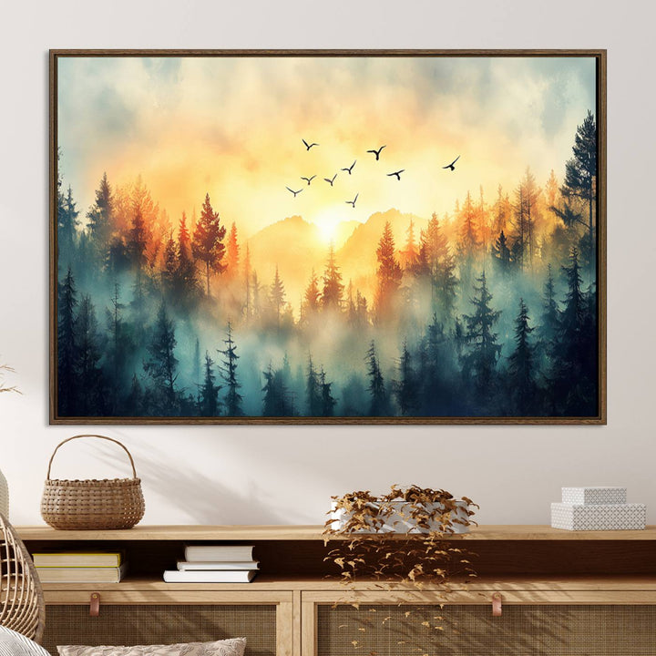 FRSABS2-MGV-CV-36X24-Abstract Forest Wall Art Print- Serene Nature Canvas Print with Misty Forest Design for Modern Home or Office Decor