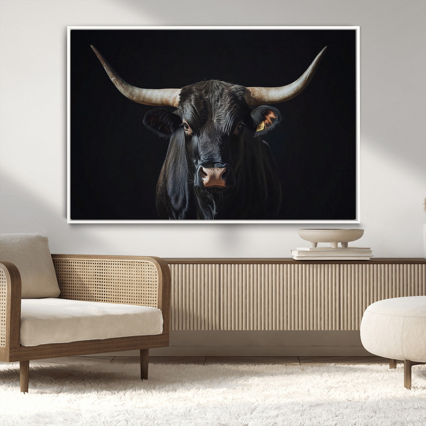 48065167-MGV-CV-36X24-Majestic Longhorn Bull Wall Art Canvas Print – Dark Background Western Ranch Portrait Artwork for Home, Office