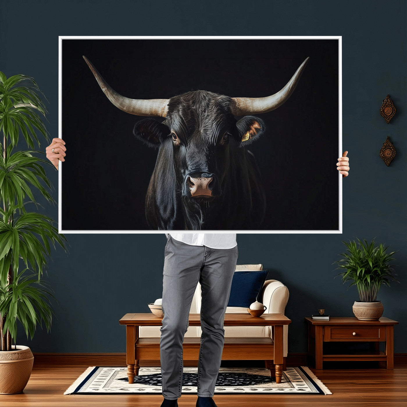 48065167-MGV-CV-36X24 - Texas Longhorn Bull Wall Art Canvas Print – Western Black Bull Art Print for Farmhouse Ranch Decor